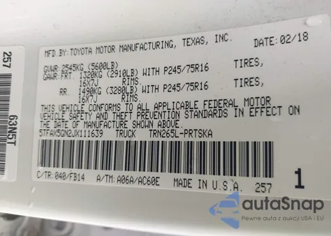 2018 Toyota Tacoma Sr z USA, uszkodzony, nr VIN 5TFAX5GN2JX111639